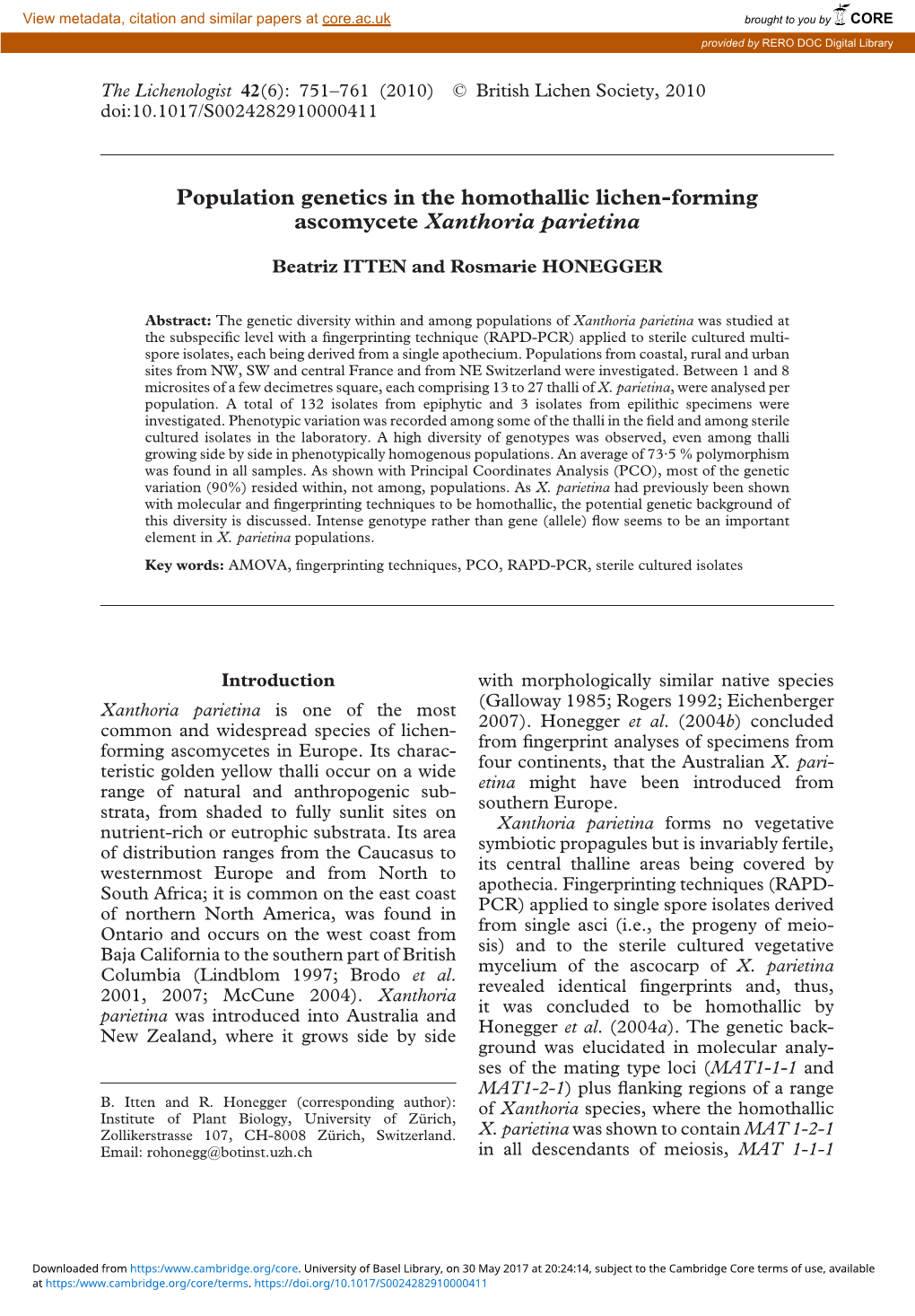 Population Genetics in the Homothallic Lichen-Forming Ascomycete Xanthoria Parietina