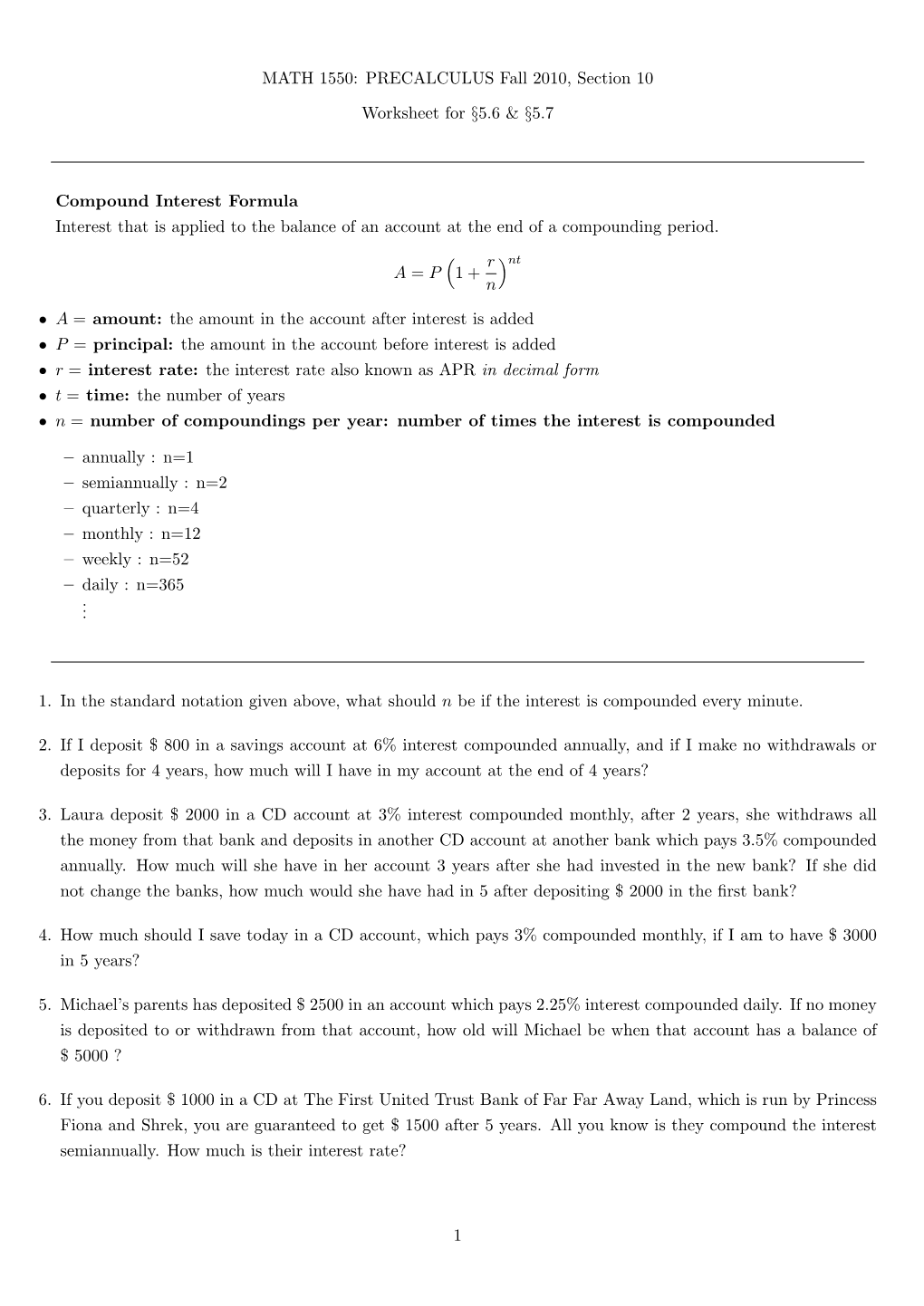 MATH 1550: PRECALCULUS Fall 2010, Section 10 Worksheet For