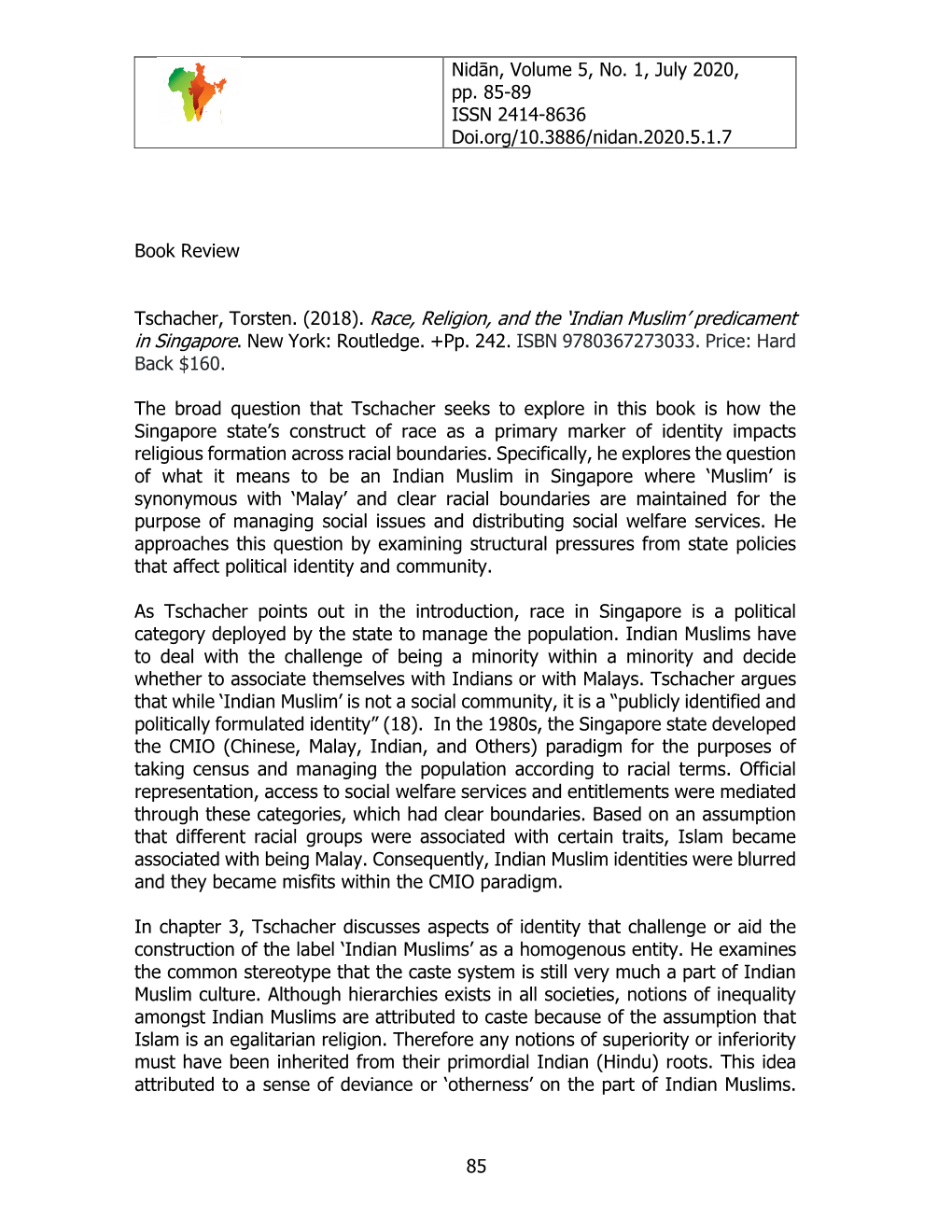 Nidān, Volume 5, No. 1, July 2020, Pp. 85-89 ISSN 2414-8636 Doi.Org/10.3886/Nidan.2020.5.1.7