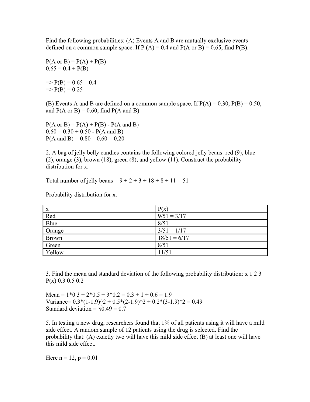 Find the Following Probabilities: (A) Events a and B Are Mutually Exclusive Events Defined