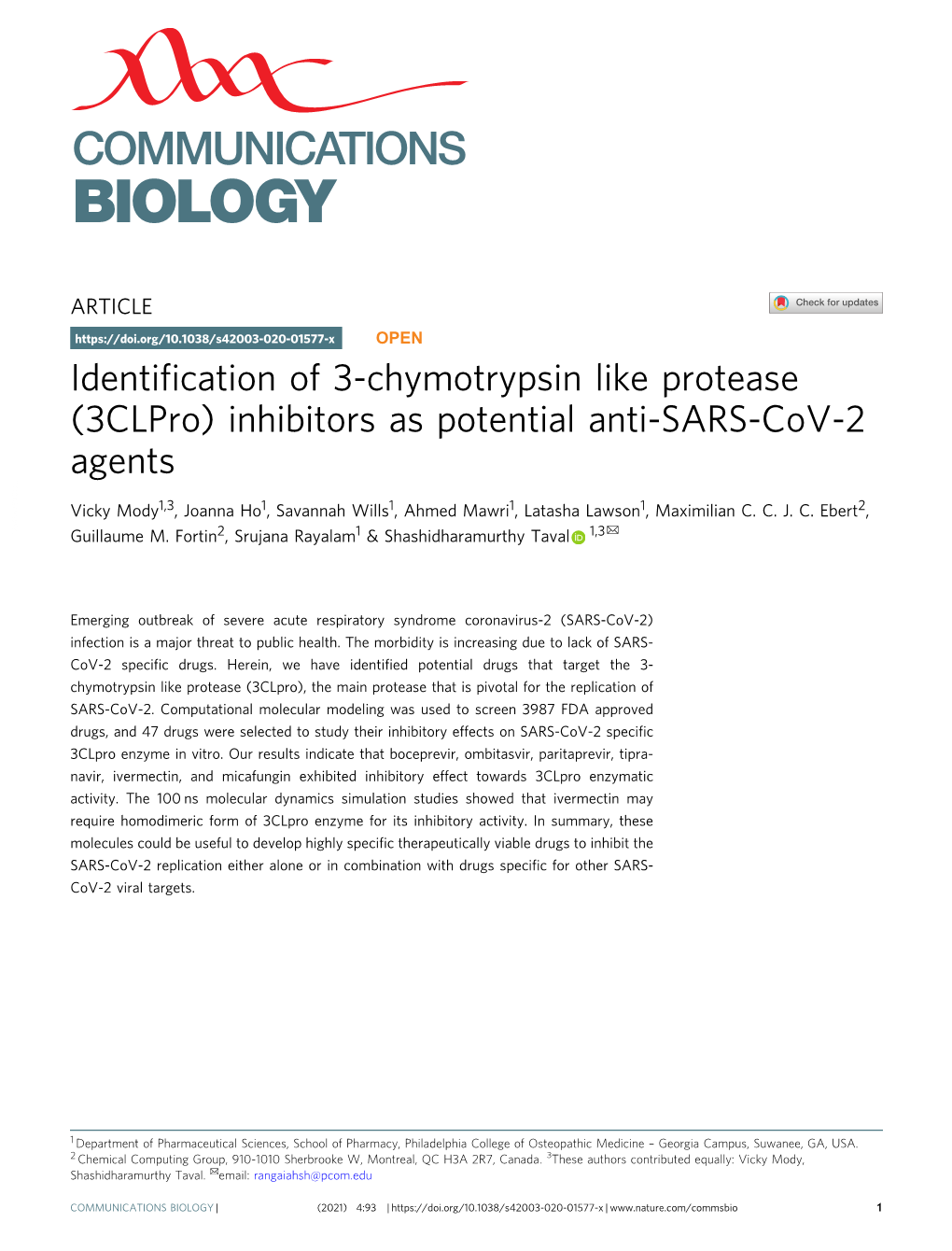 Identification of 3-Chymotrypsin Like Protease (3Clpro)