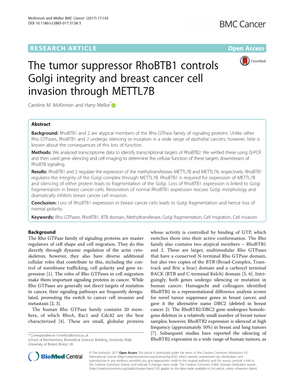 The Tumor Suppressor Rhobtb1 Controls Golgi Integrity and Breast Cancer Cell Invasion Through METTL7B Caroline M