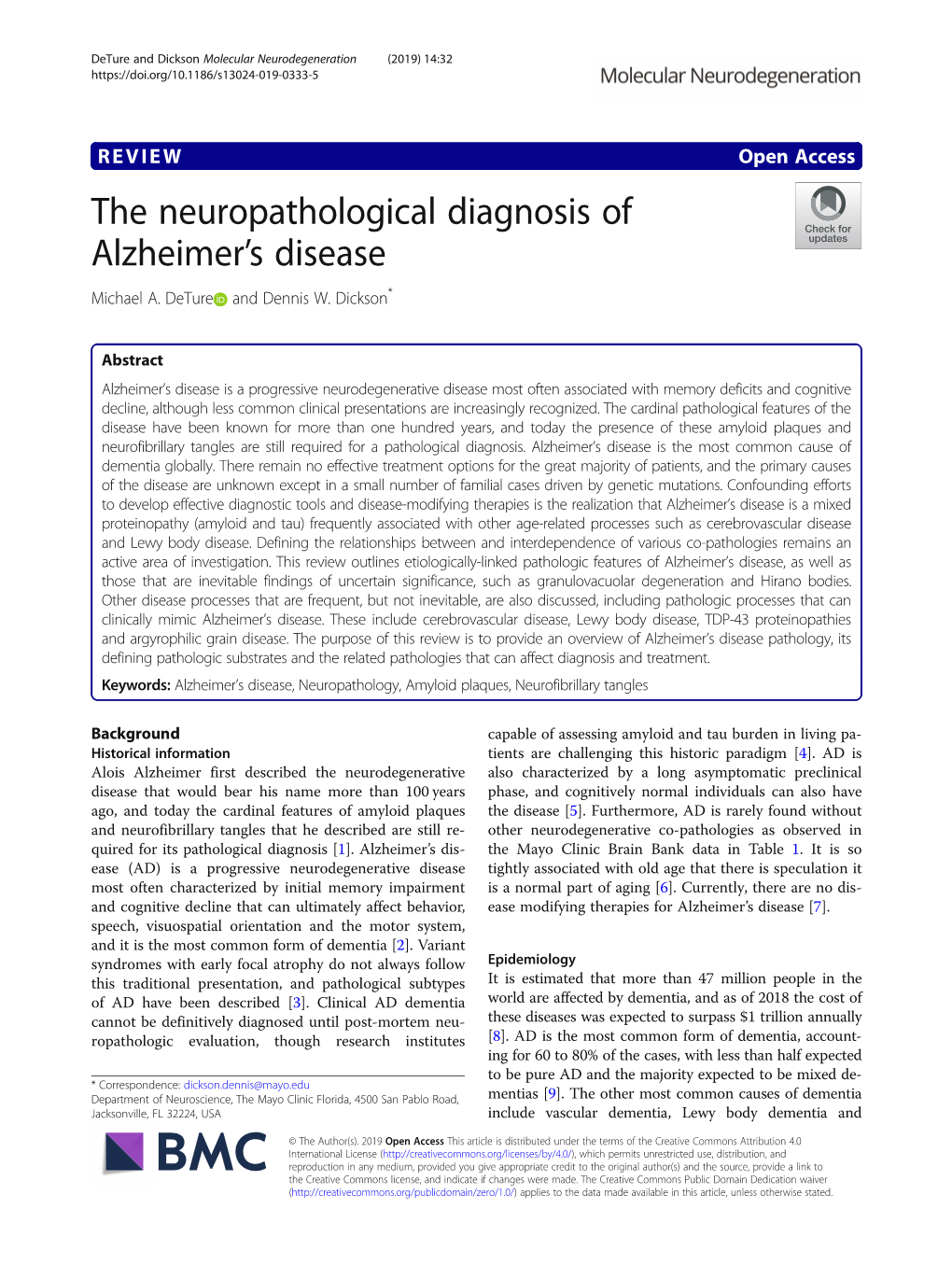 The Neuropathological Diagnosis of Alzheimer's Disease