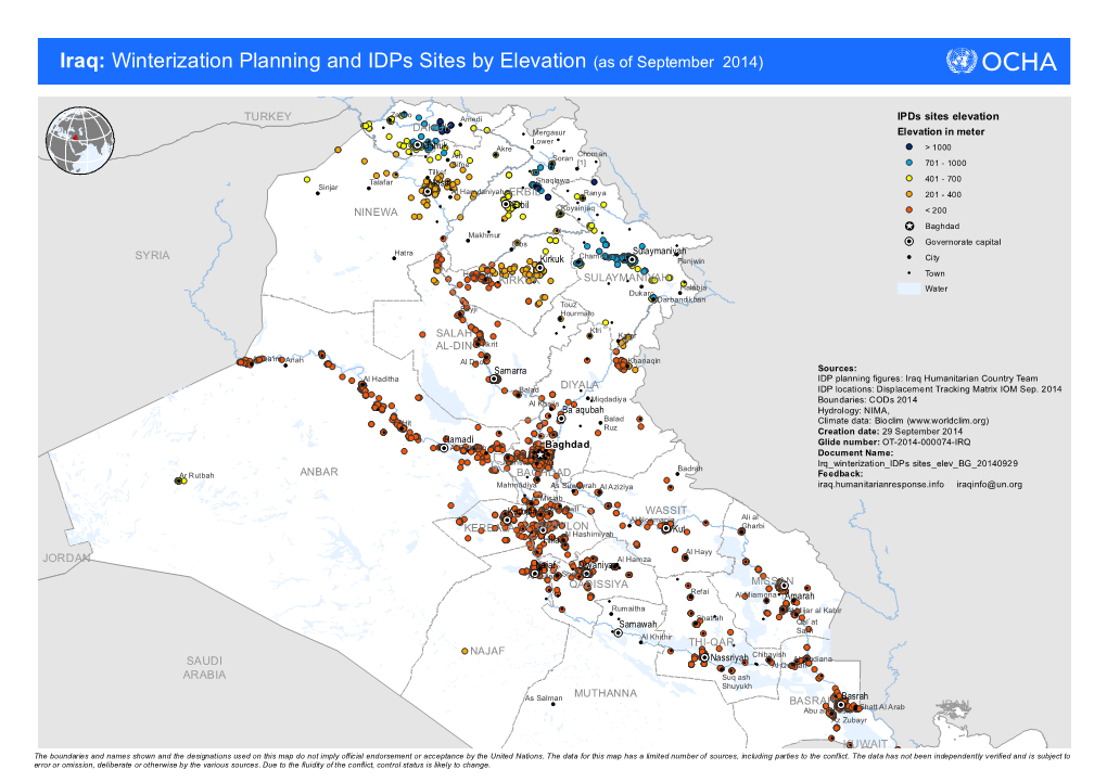 Iraq: Winterization Planning and Idps Sites by Elevation (As of September 2014)