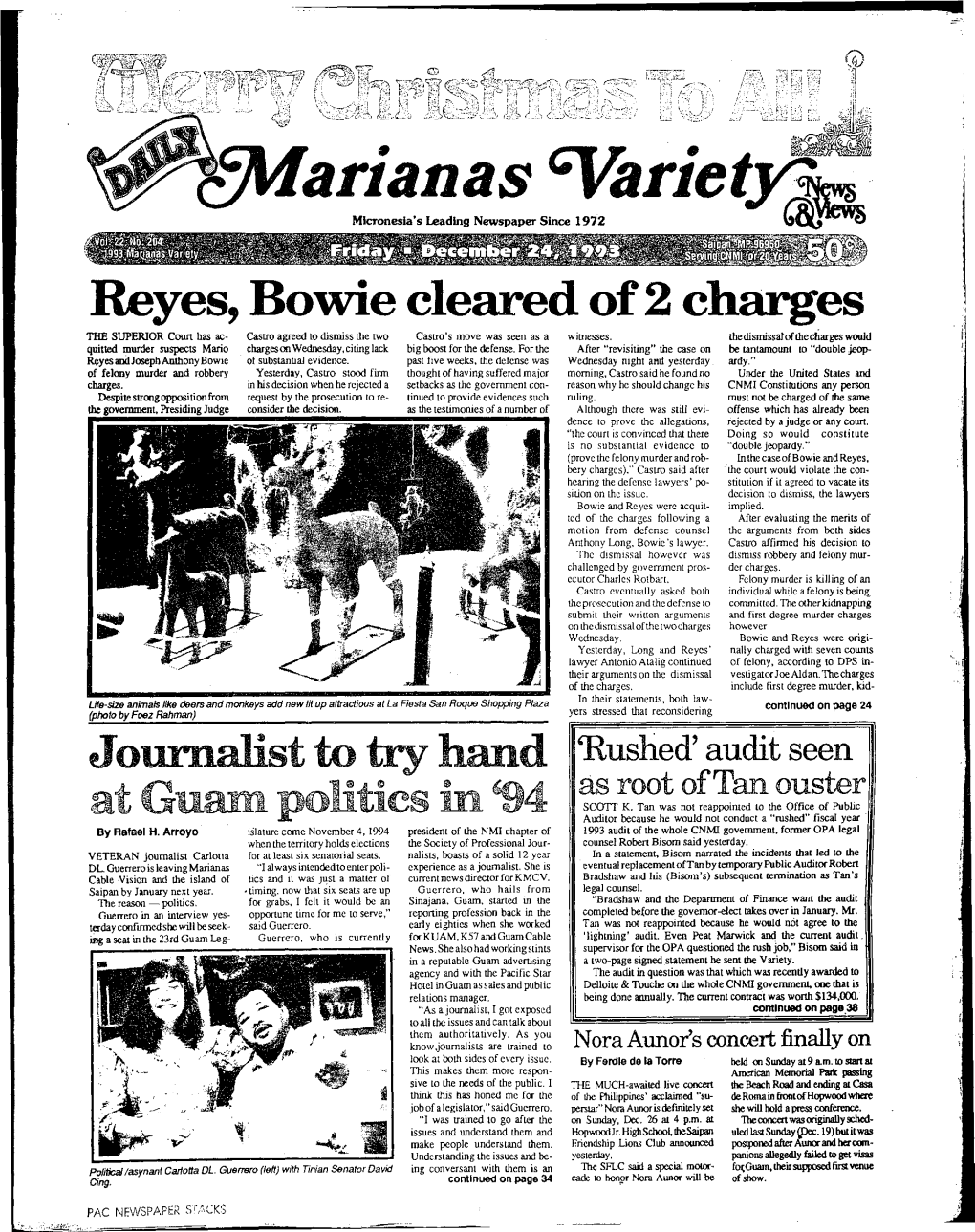 Reyes, Bowie Cleared Of2 Charges .'1 the SUPERIOR Coon Has Ac­ Castro Agreed to Dismiss the Two Castro's Move Was Seen As a Witnesses