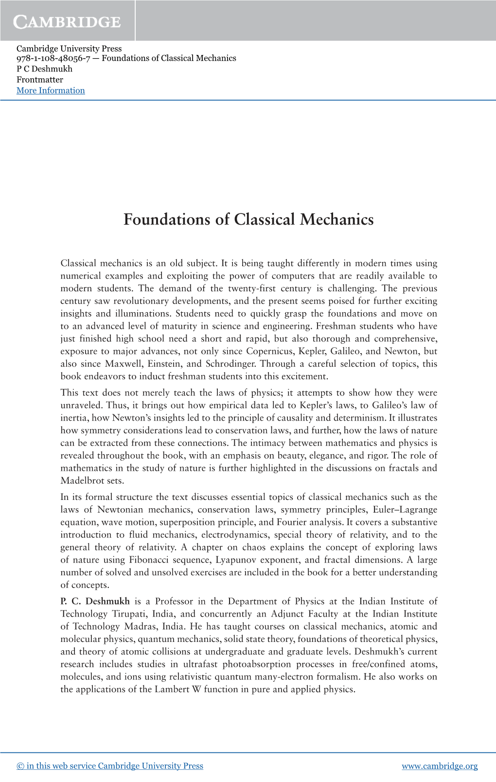 Foundations of Classical Mechanics P C Deshmukh Frontmatter More Information