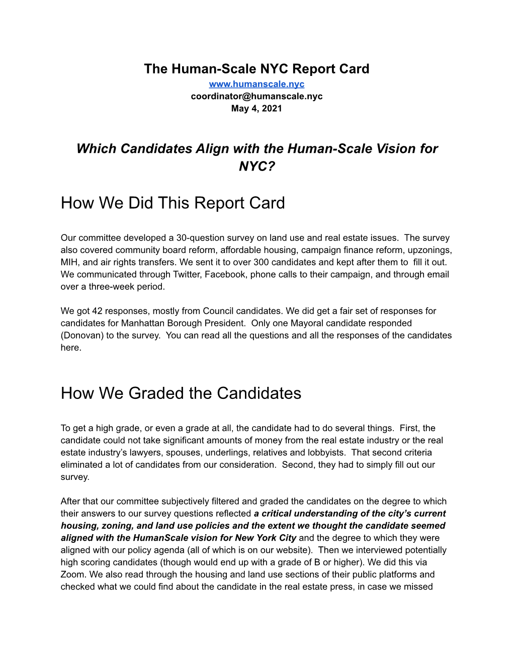 Human-Scale NYC Report Card for City Elections 2021