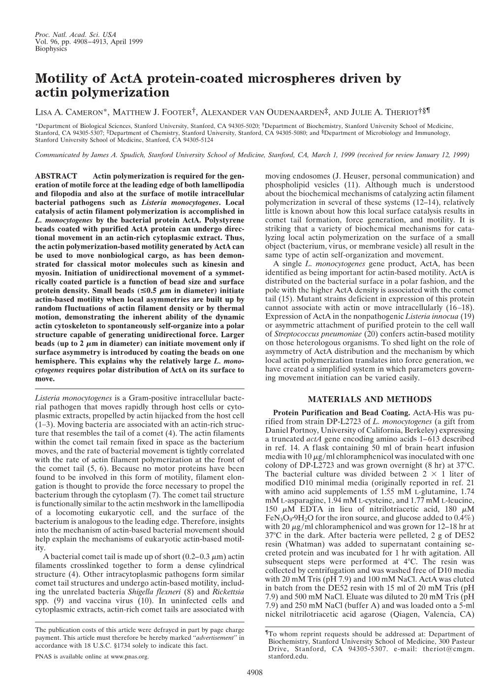 Motility of Acta Protein-Coated Microspheres Driven by Actin Polymerization