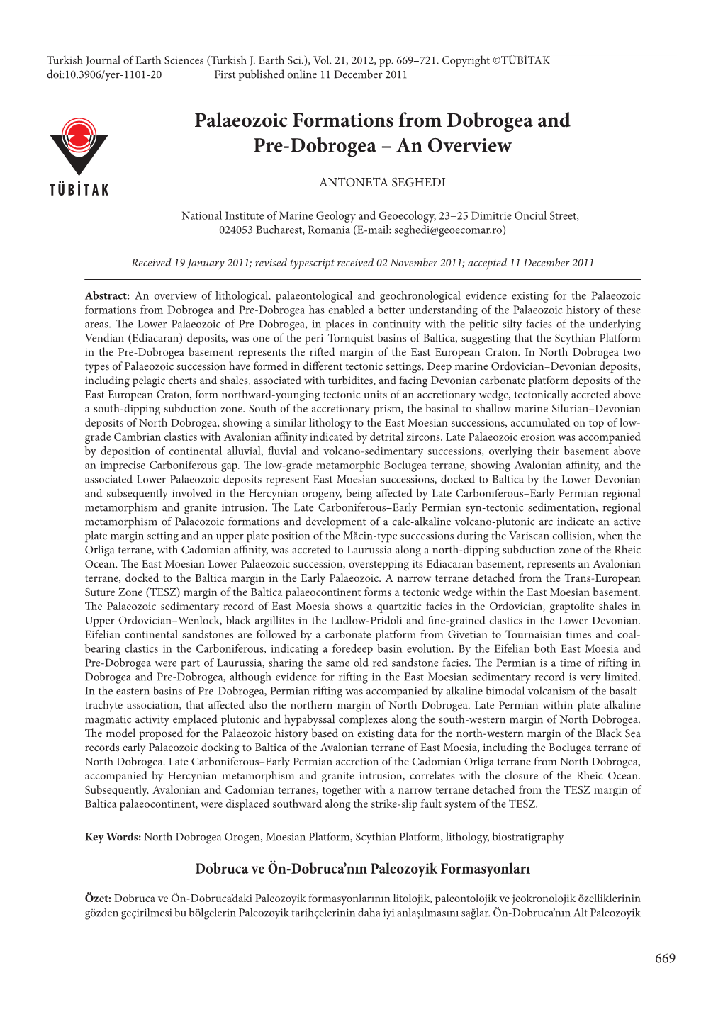 Palaeozoic Formations from Dobrogea and Pre-Dobrogea – an Overview