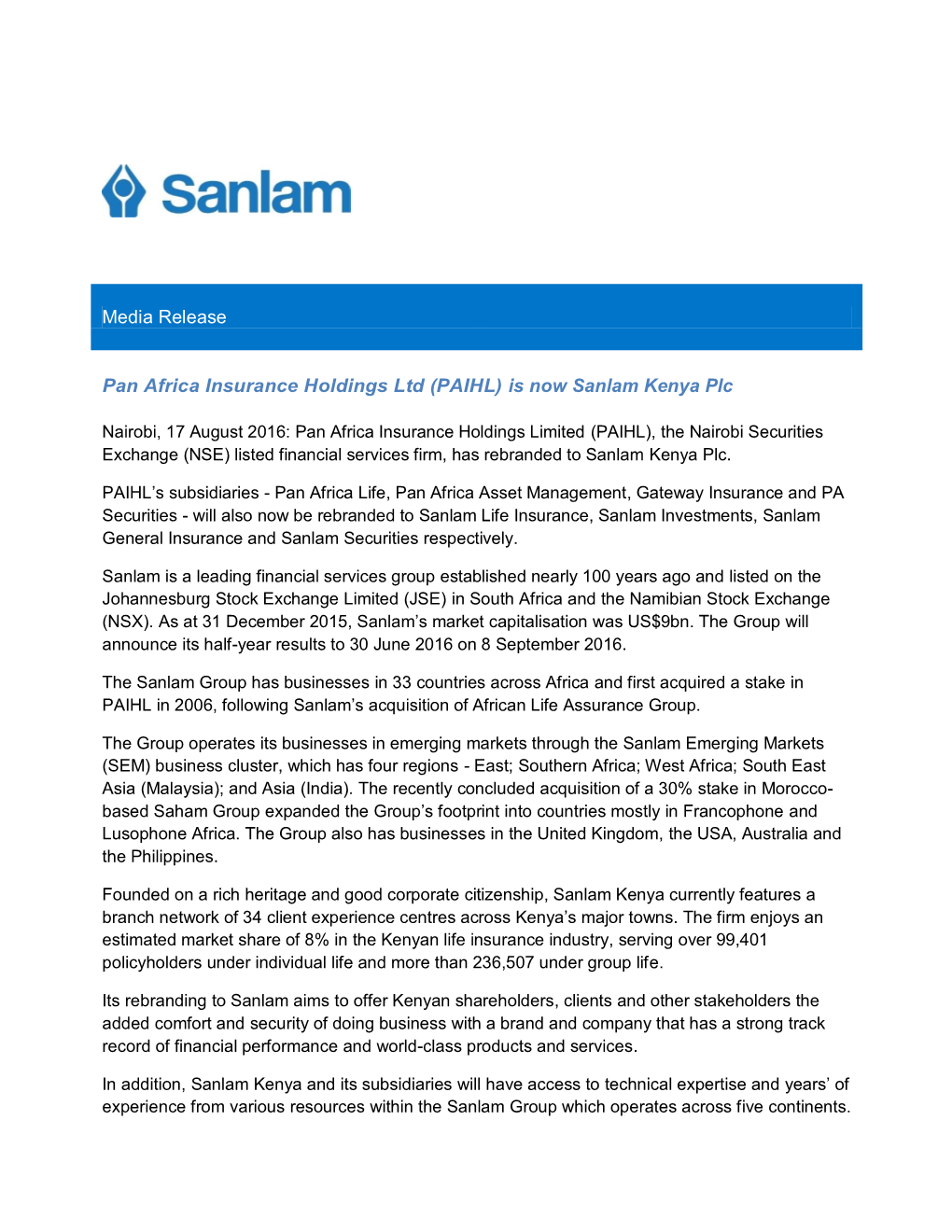 Pan Africa Insurance Holdings Ltd (PAIHL) Is Now Sanlam Kenya Plc