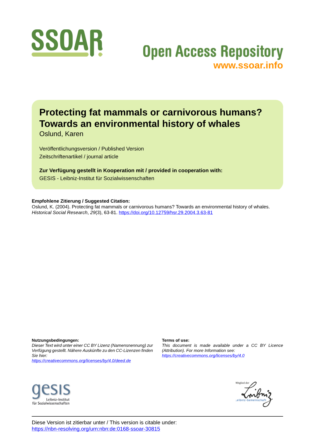 Protecting Fat Mammals Or Carnivorous Humans? Towards an Environmental History of Whales Oslund, Karen