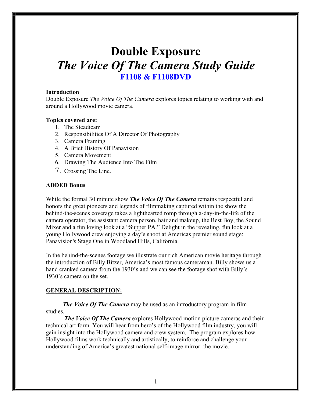 Double Exposure the Voice of the Camera Study Guide F1108 & F1108DVD