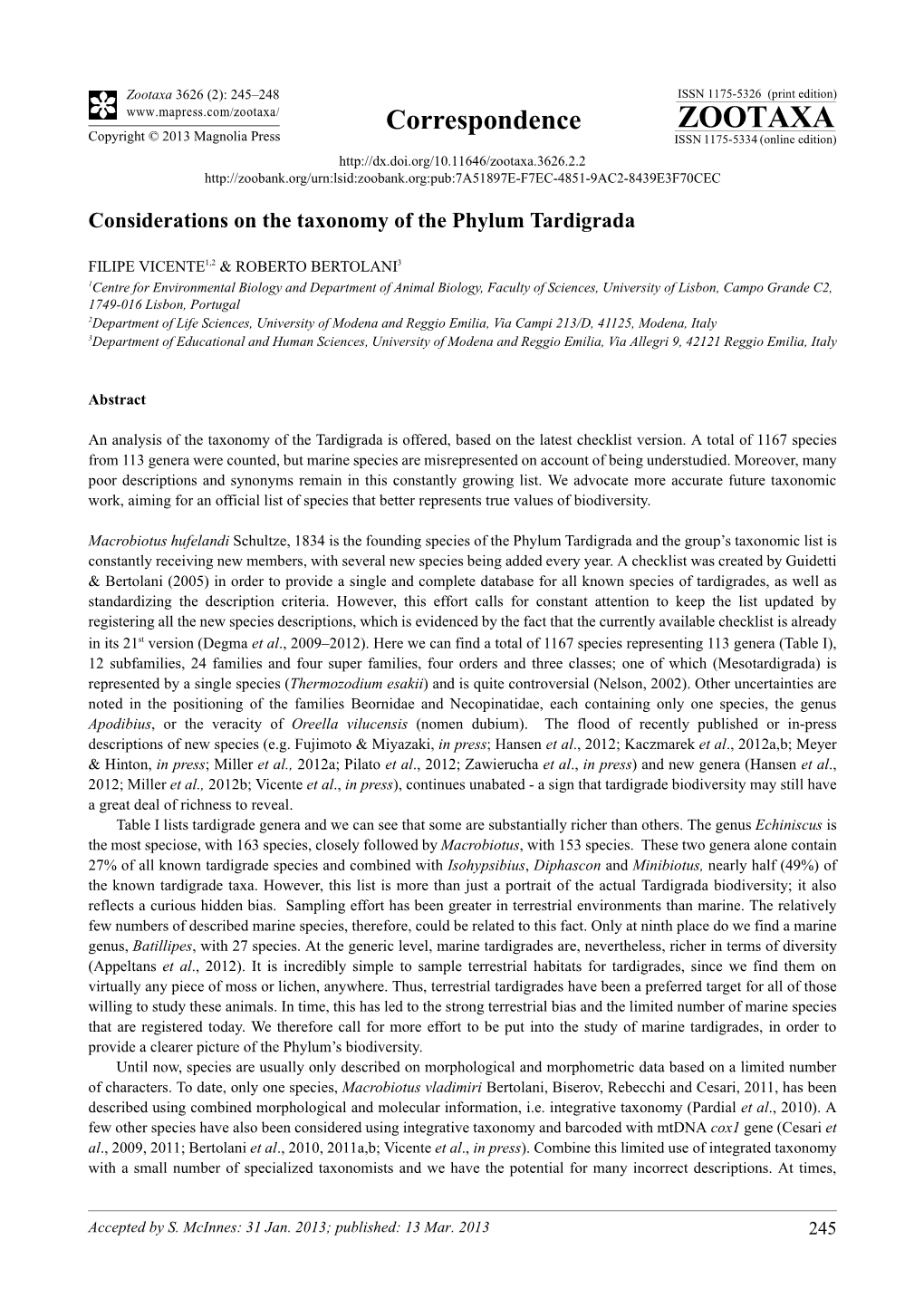 Considerations on the Taxonomy of the Phylum Tardigrada