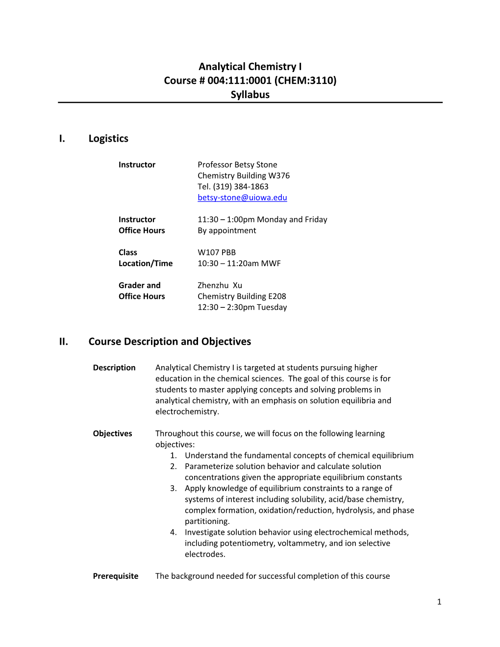 Analytical Chemistry I Course # 004:111:0001 (CHEM:3110) Syllabus