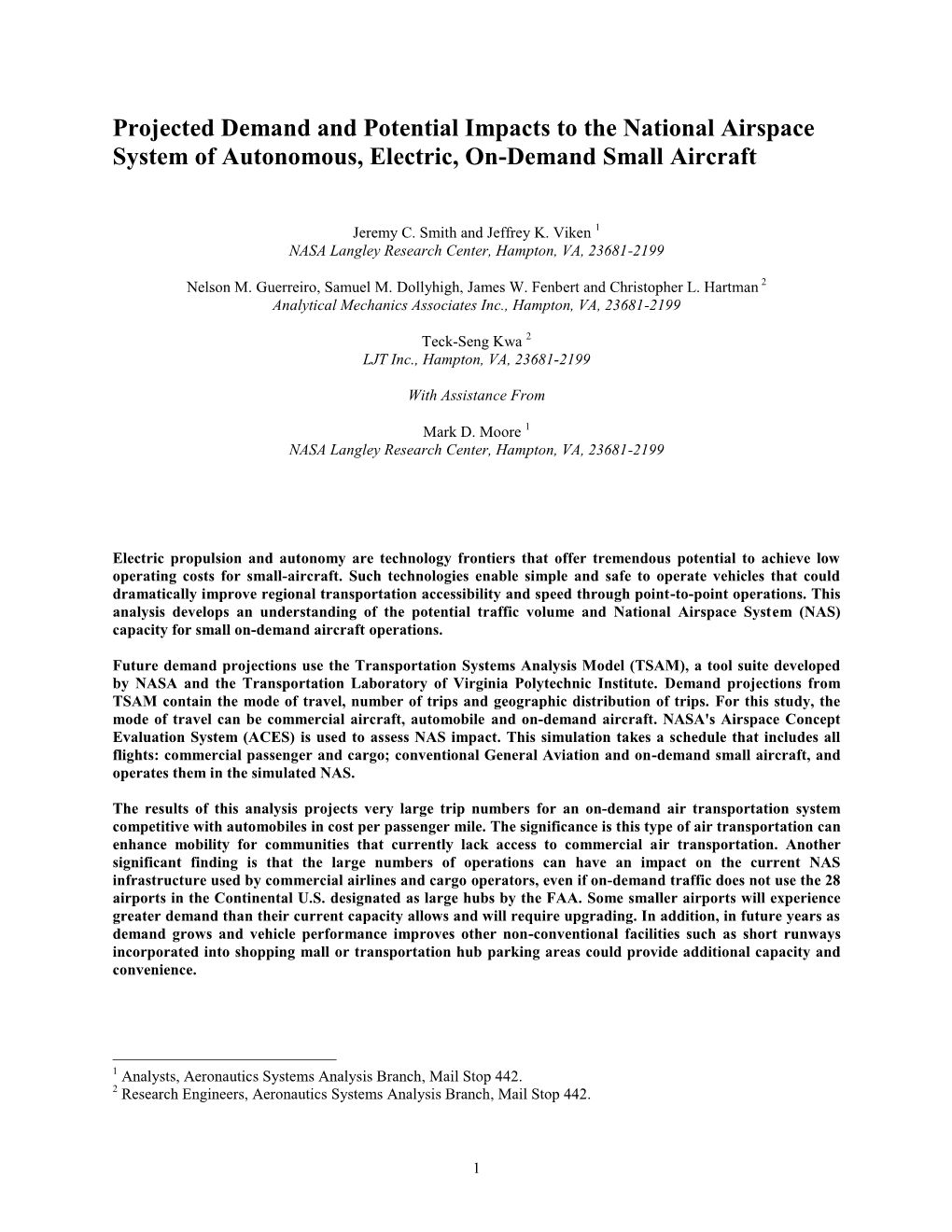 Projected Demand and Potential Impacts to the National Airspace System of Autonomous, Electric, On-Demand Small Aircraft