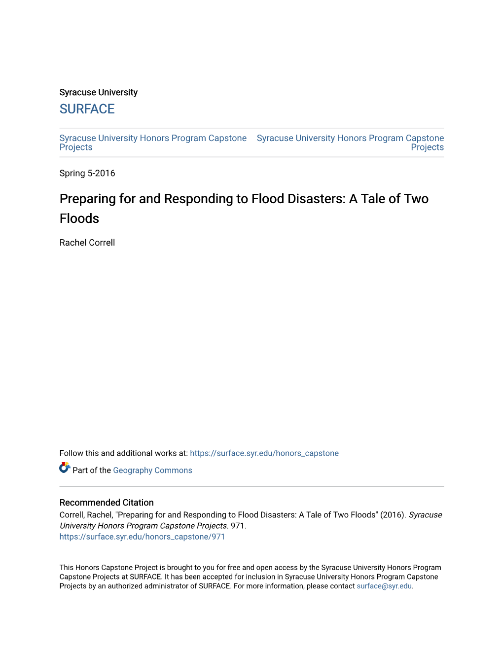 Preparing for and Responding to Flood Disasters: a Tale of Two Floods