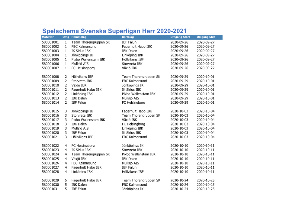 Spelschema Svenska Superligan Herr 2020-2021