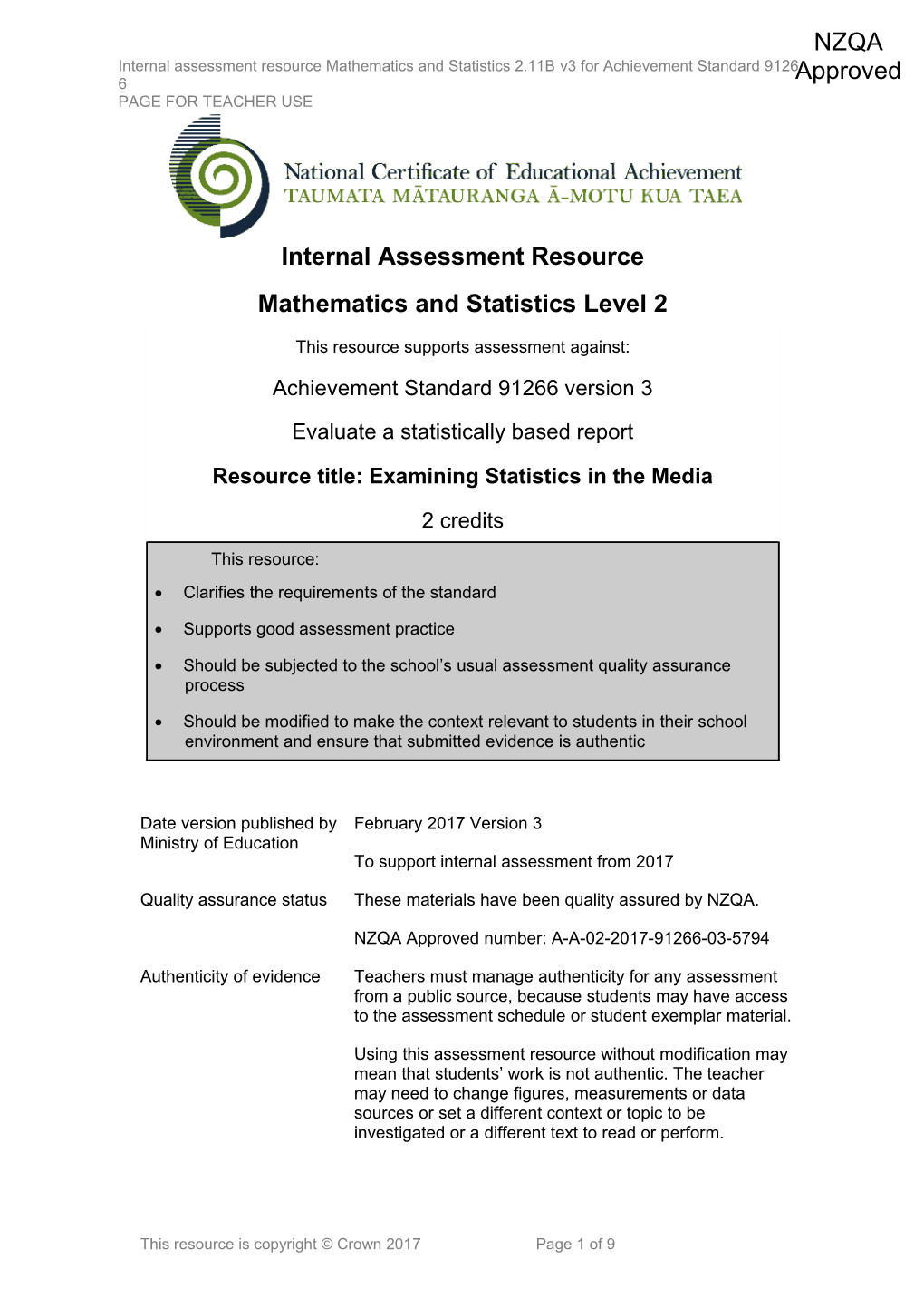 Level 2 Mathematics and Statistics Internal Assessment Resource s1