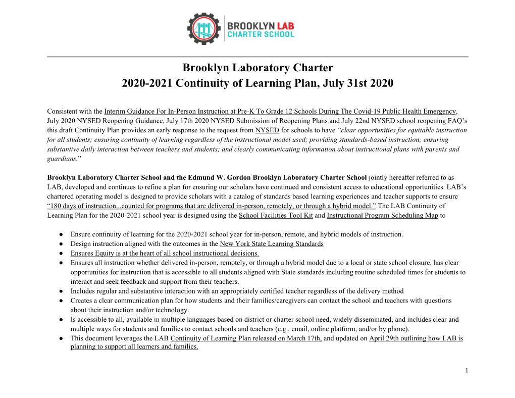 Brooklyn Laboratory Charter 2020-2021 Continuity of Learning Plan, July 31St 2020