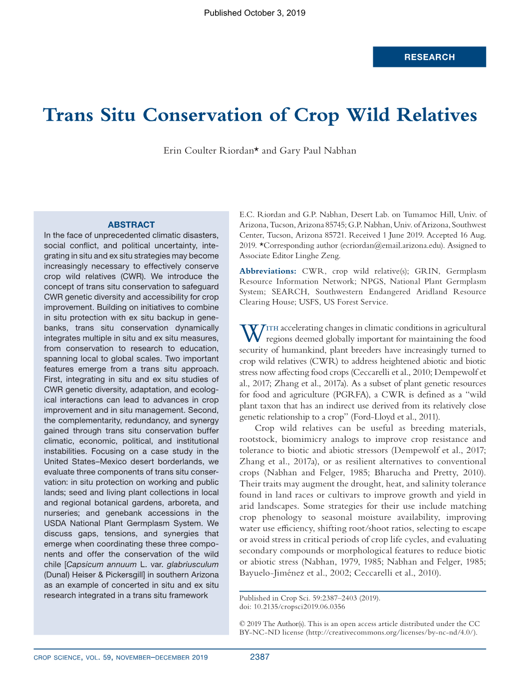 Trans Situ Conservation of Crop Wild Relatives