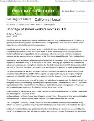 Shortage of Skilled Workers Looms in U.S. - Los Angeles Times
