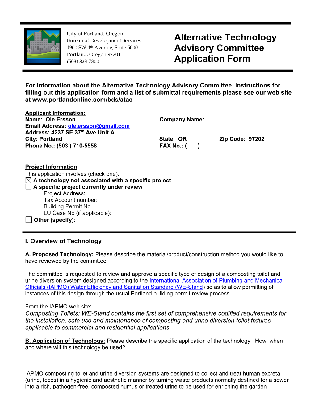 Alternative Technology Advisory Committee Application Form