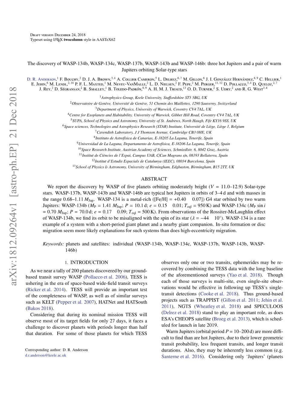 Arxiv:1812.09264V1 [Astro-Ph.EP] 21 Dec 2018 D.R.Anderson@Keele.Ac.Uk Orsodn Uhr .R Anderson R