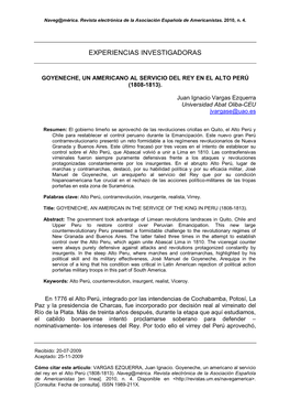 Goyeneche, Un Americano Al Servicio Del Rey En El Alto Perú (1808-1813)