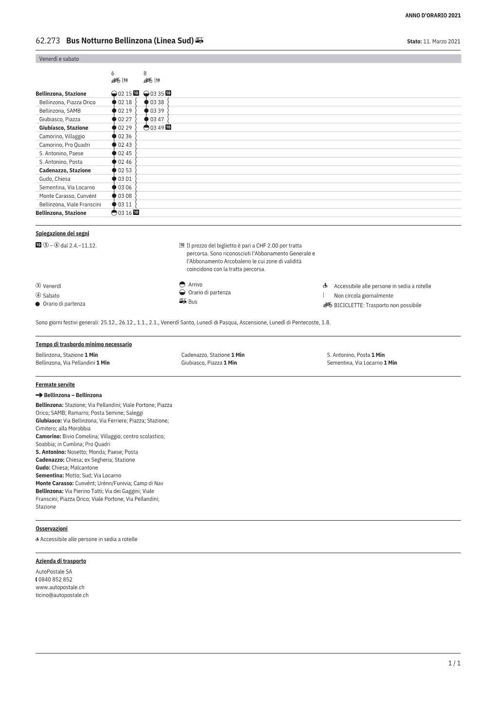 62.273 Bus Notturno Bellinzona (Linea Sud) Stato: 11