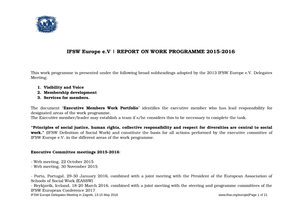 IFSW Europe E.V | REPORT on WORK PROGRAMME 20152016