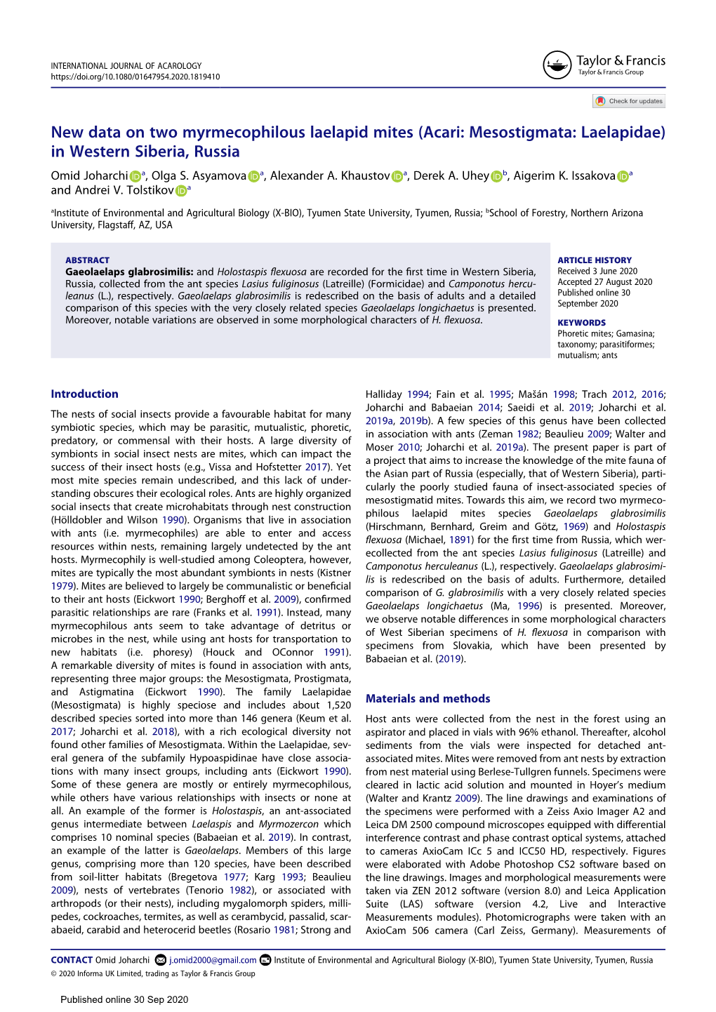 New Data on Two Myrmecophilous Laelapid Mites (Acari: Mesostigmata: Laelapidae) in Western Siberia, Russia Omid Joharchi A, Olga S