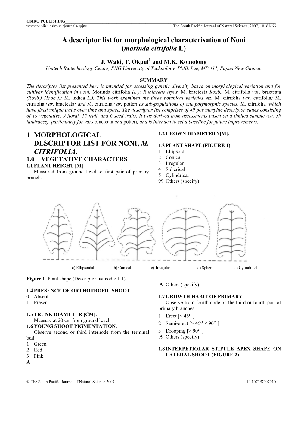 The Descriptor List for Characterization of Noni (Morinda Citrifolia L