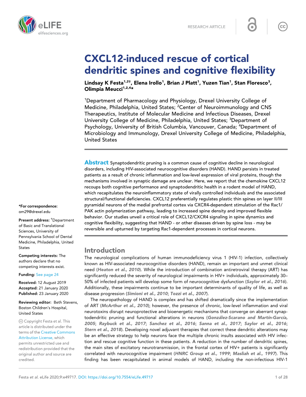 CXCL12-Induced Rescue of Cortical Dendritic Spines and Cognitive
