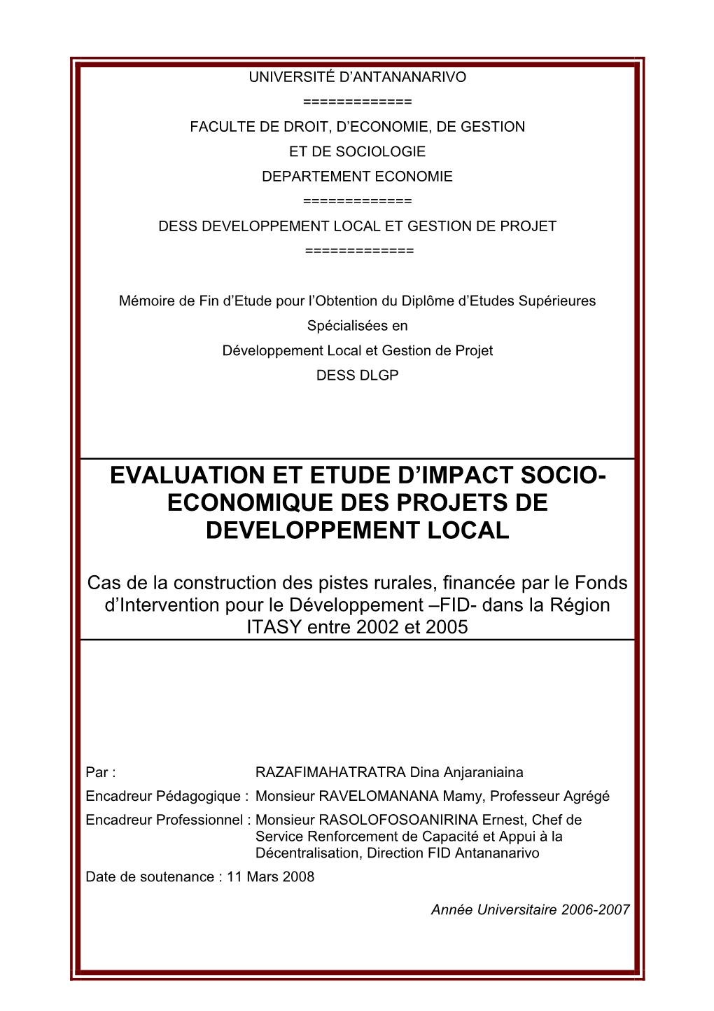 Evaluation Et Etude D'impact Socio