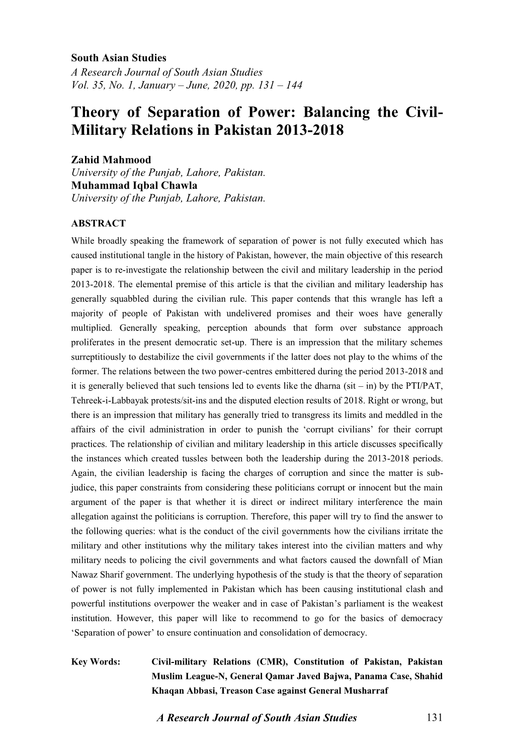 Balancing the Civil-Military Relations in Pakistan