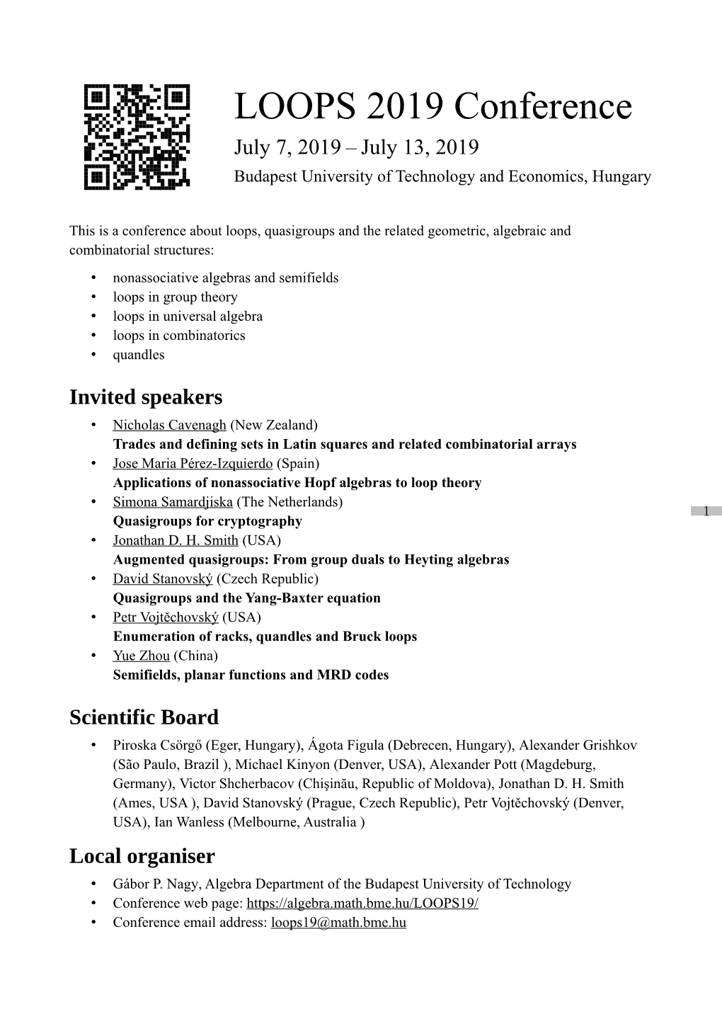 LOOPS 2019 Conference July 7, 2019 – July 13, 2019 Budapest University of Technology and Economics, Hungary