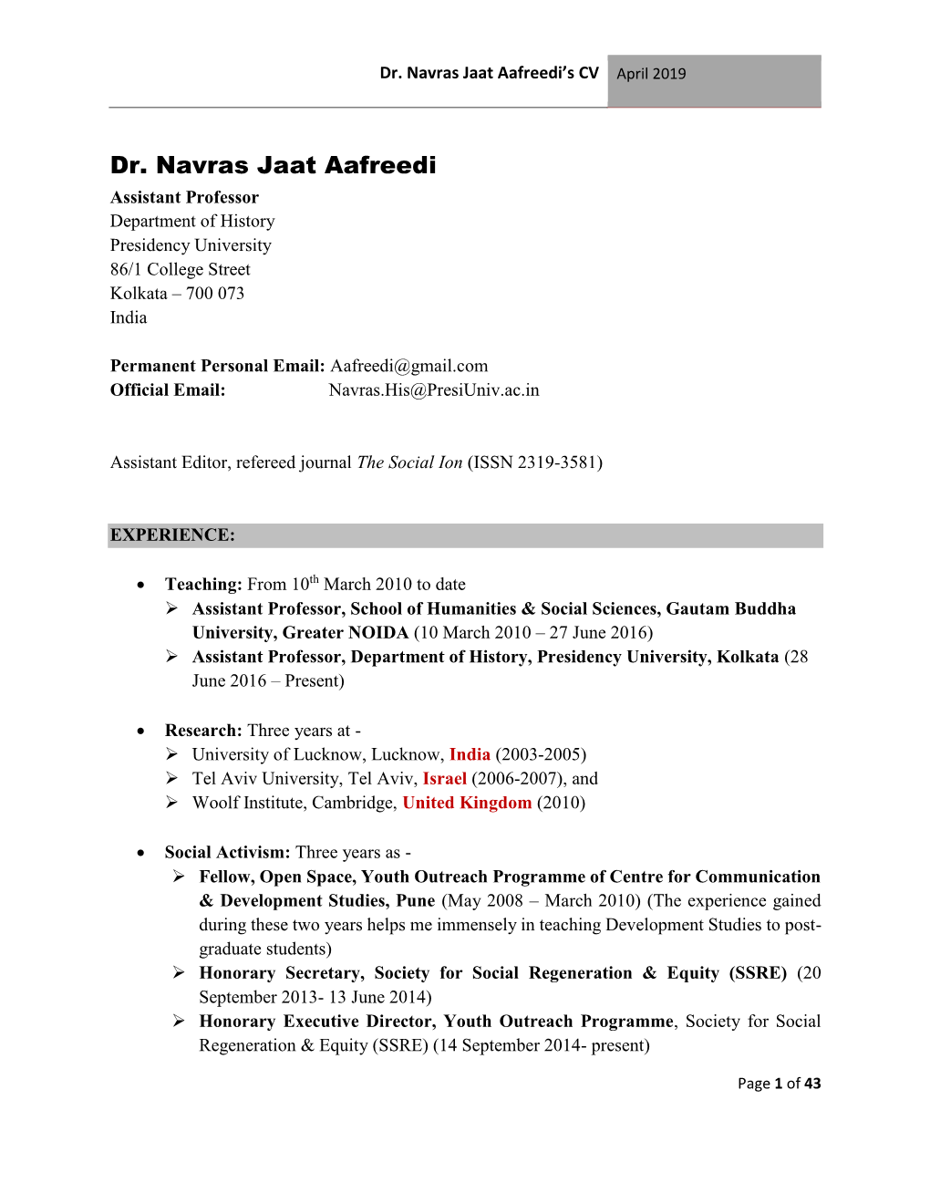 Dr. Navras Jaat Aafreedi’S CV April 2019
