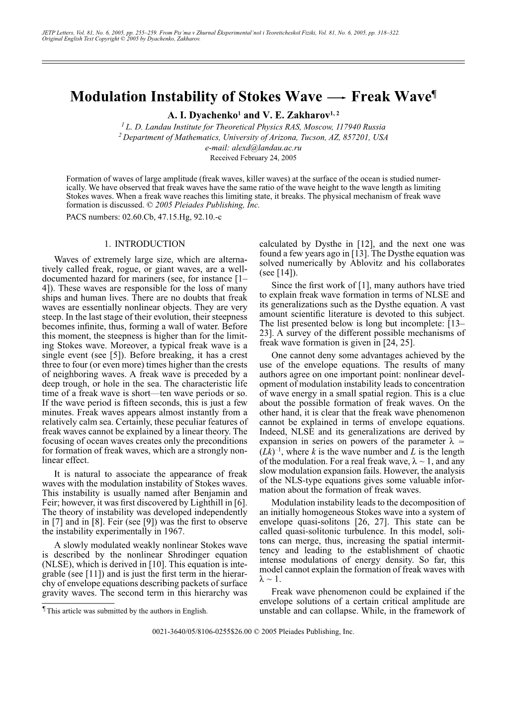 Modulation Instability of Stokes Wave Freak Wave¶