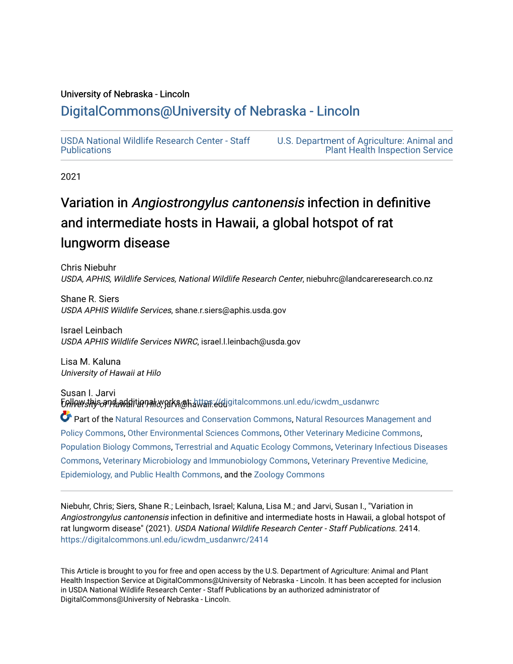 Variation in Angiostrongylus Cantonensis Infection in Definitive and Intermediate Hosts in Hawaii, a Global Hotspot of Rat Lungworm Disease