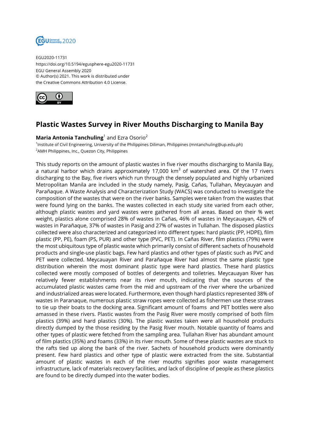 Plastic Wastes Survey in River Mouths Discharging to Manila Bay