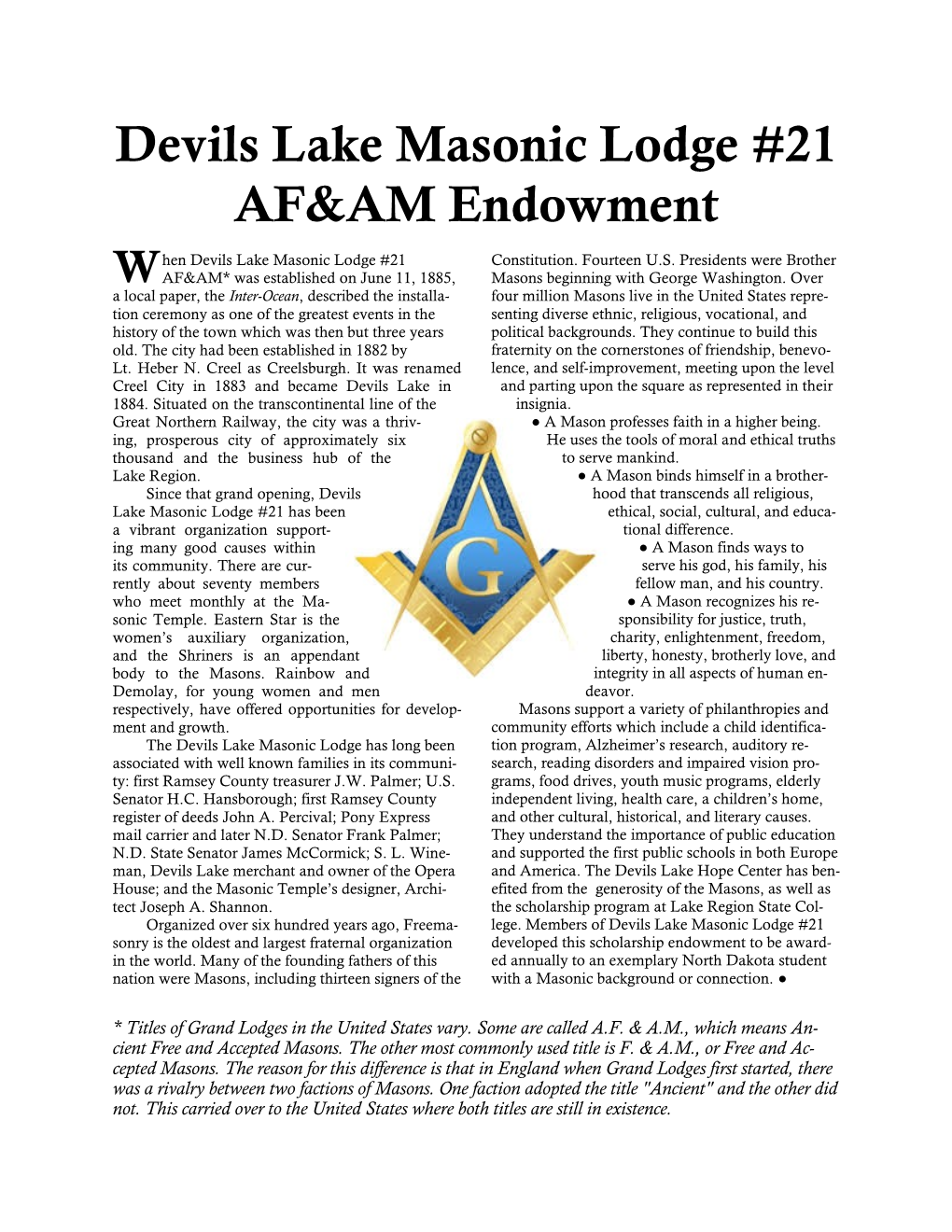 Devils Lake Masonic Lodge #21 AF&AM Endowment