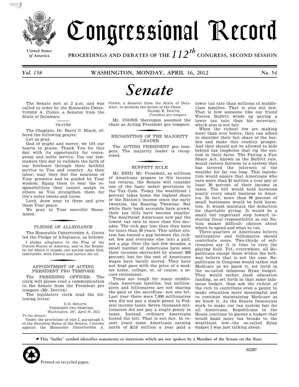 Congressional Record United States Th of America PROCEEDINGS and DEBATES of the 112 CONGRESS, SECOND SESSION