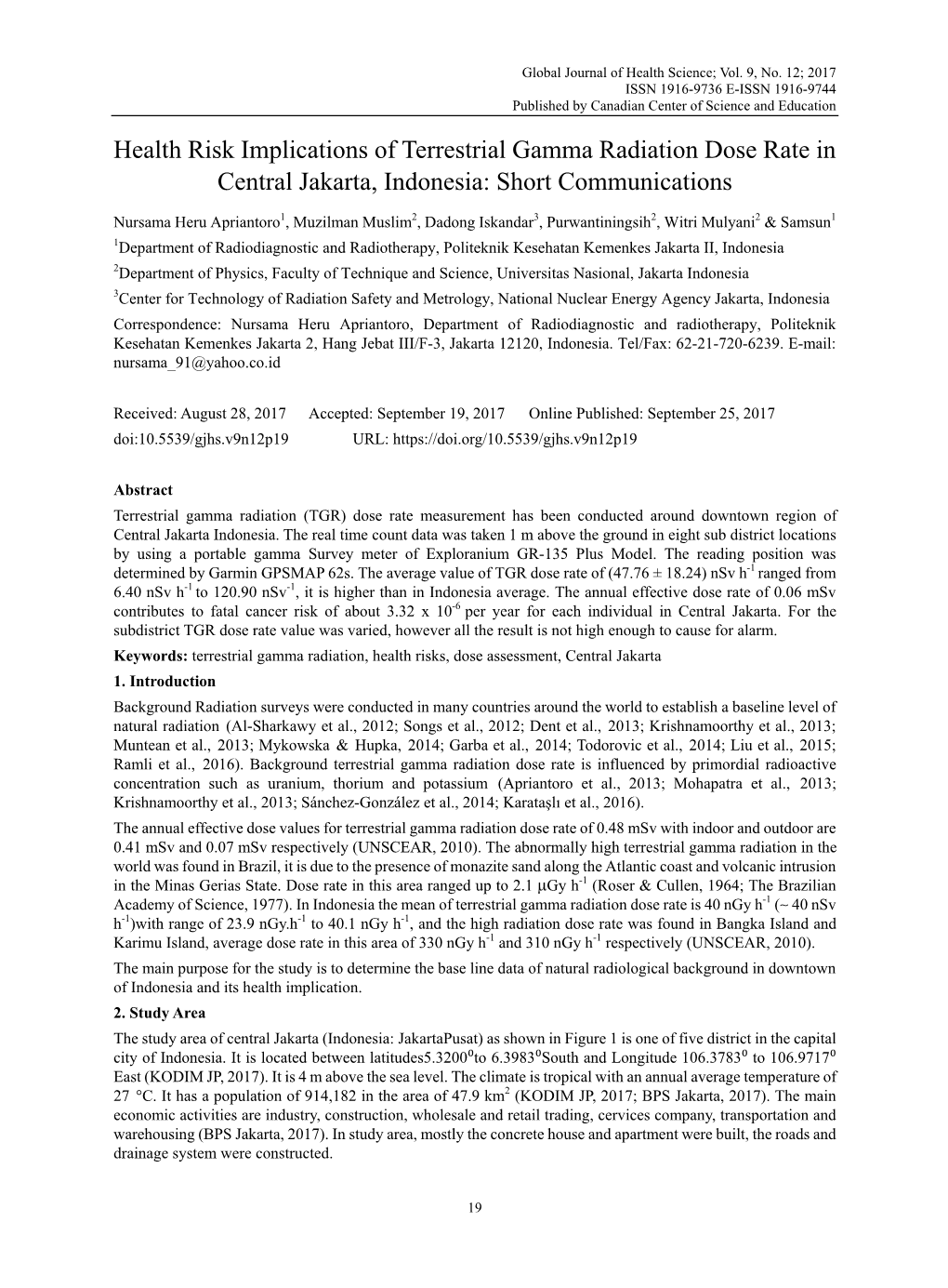 Health Risk Implications of Terrestrial Gamma Radiation Dose Rate in Central Jakarta, Indonesia: Short Communications