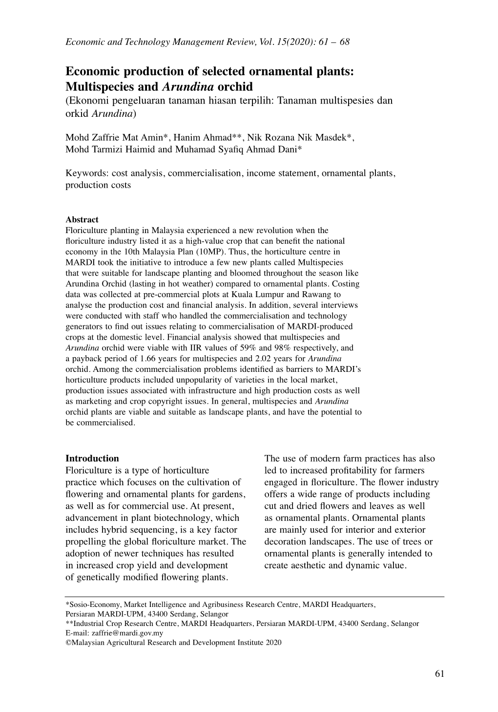 Economic Production of Selected Ornamental Plants: Multispecies