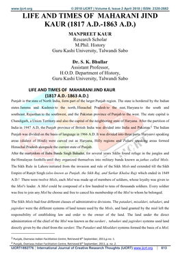 LIFE and TIMES of MAHARANI JIND KAUR (1817 A.D.-1863 A.D.) MANPREET KAUR Research Scholar M.Phil