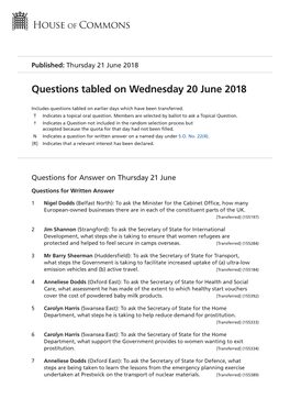 Questions Tabled on Wed 20 Jun 2018