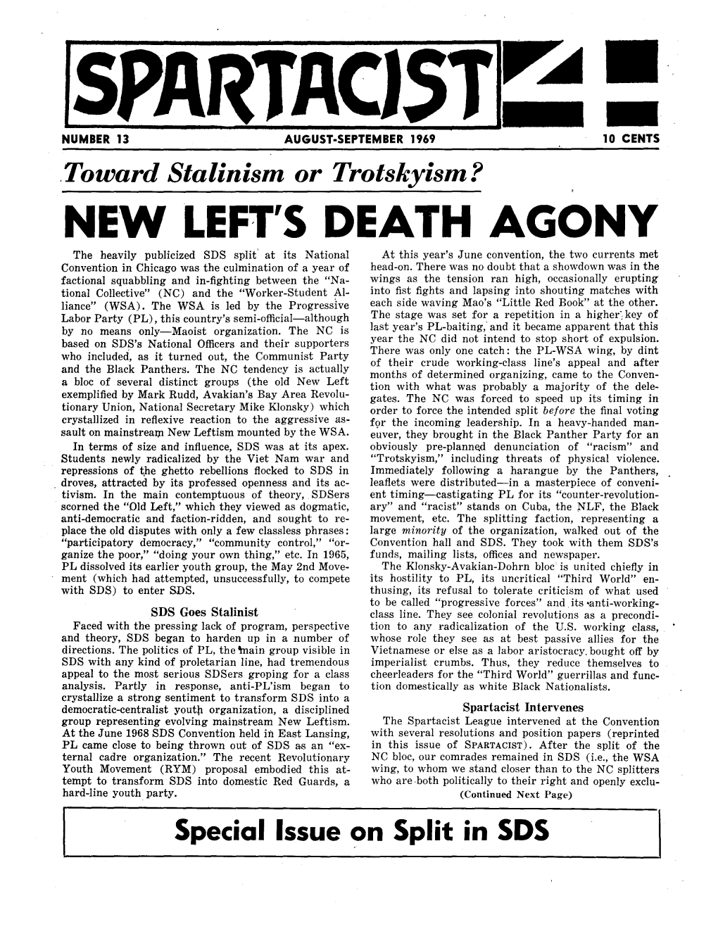Spartacist Special Issue on the SDS Split: New Left's Death Agony