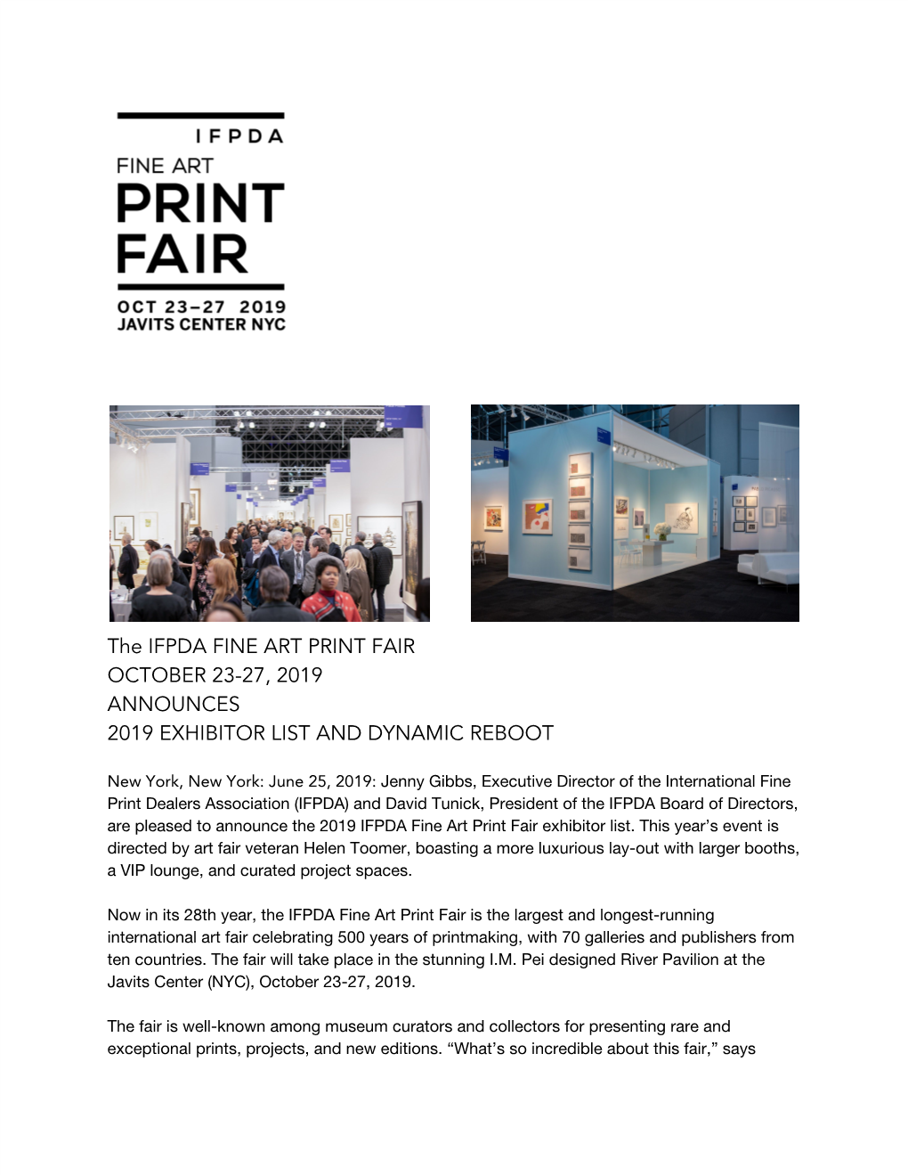 The IFPDA FINE ART PRINT FAIR OCTOBER 23-27, 2019 ANNOUNCES 2019 EXHIBITOR LIST and DYNAMIC REBOOT