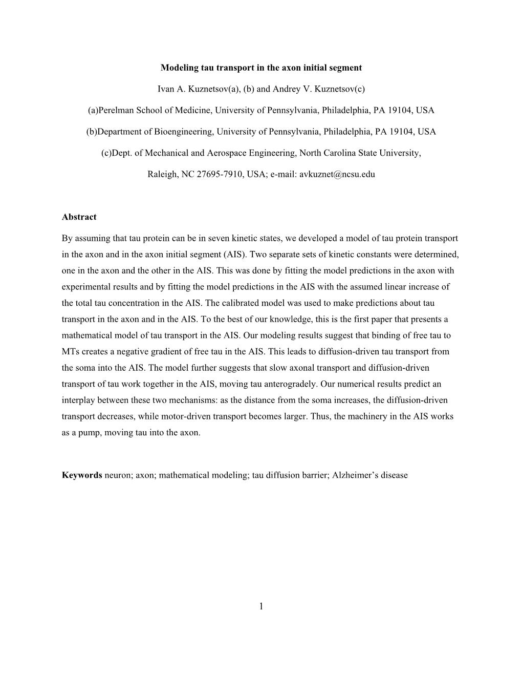 Modeling Tau Transport in the Axon Initial Segment Ivan A