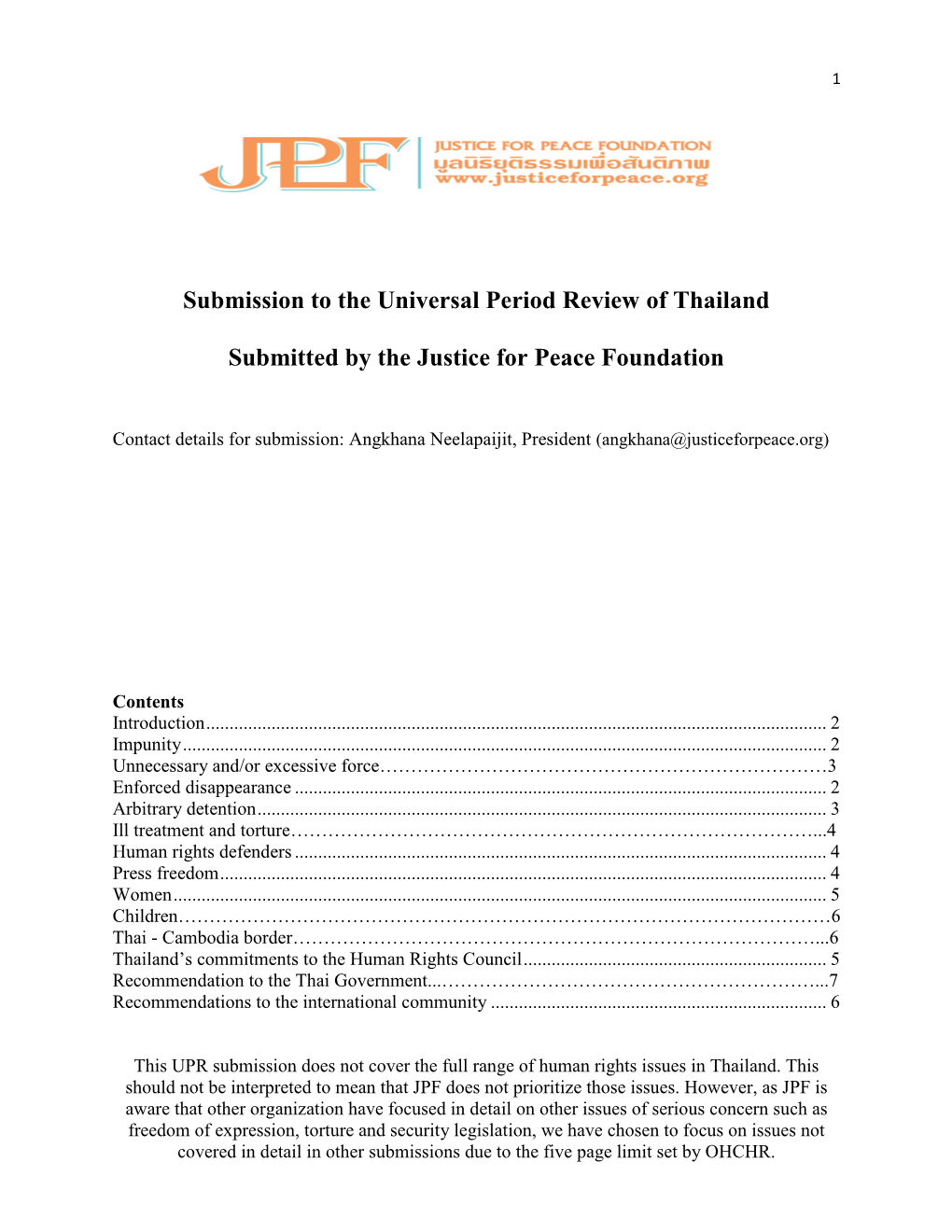 Submission to the Universal Period Review of Thailand Submitted by the Justice for Peace Foundation